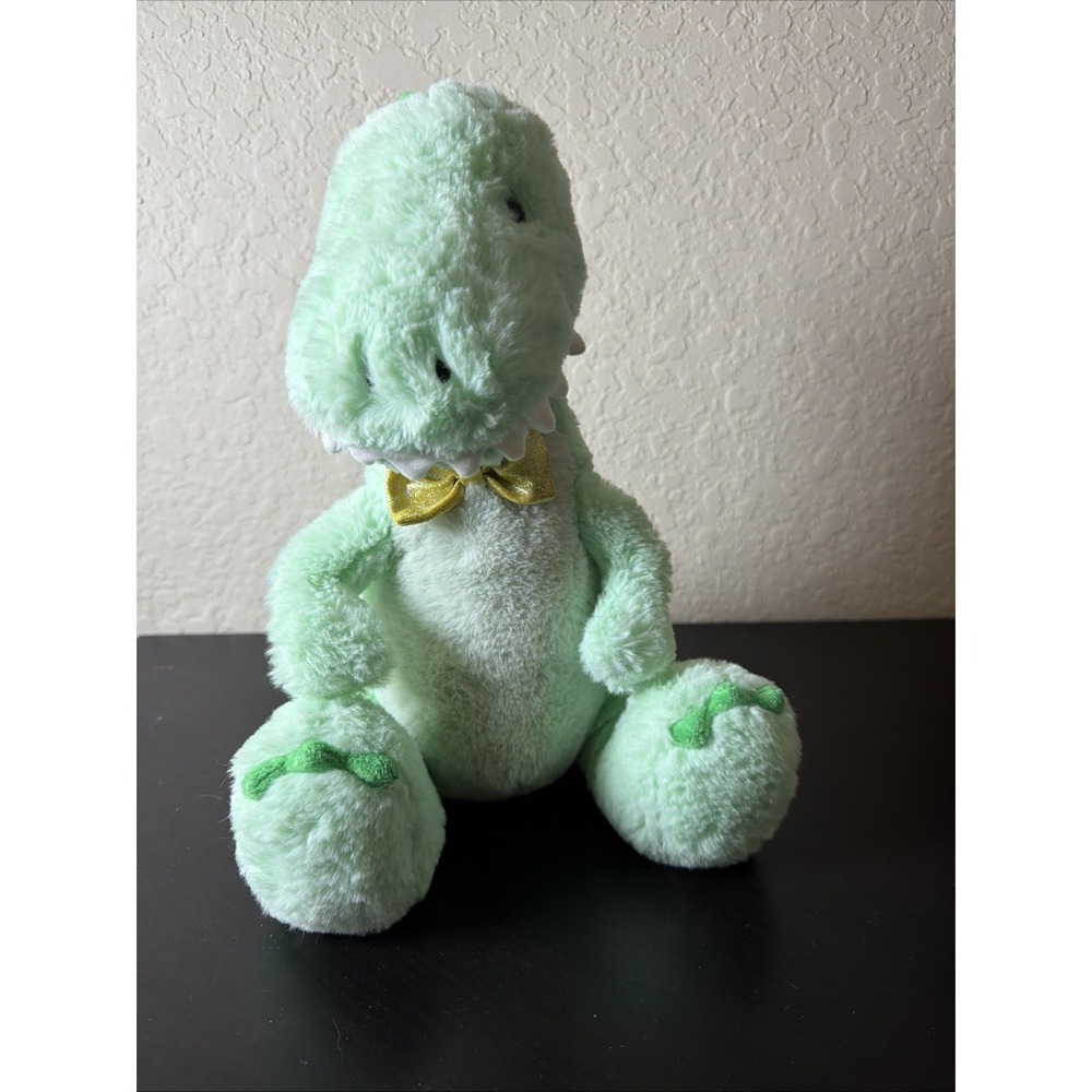 FAO Schwarz Fuzzy Green T-Rex Dinosaur Plush Yellow Gold Bow Tie 13 inch Stuffed